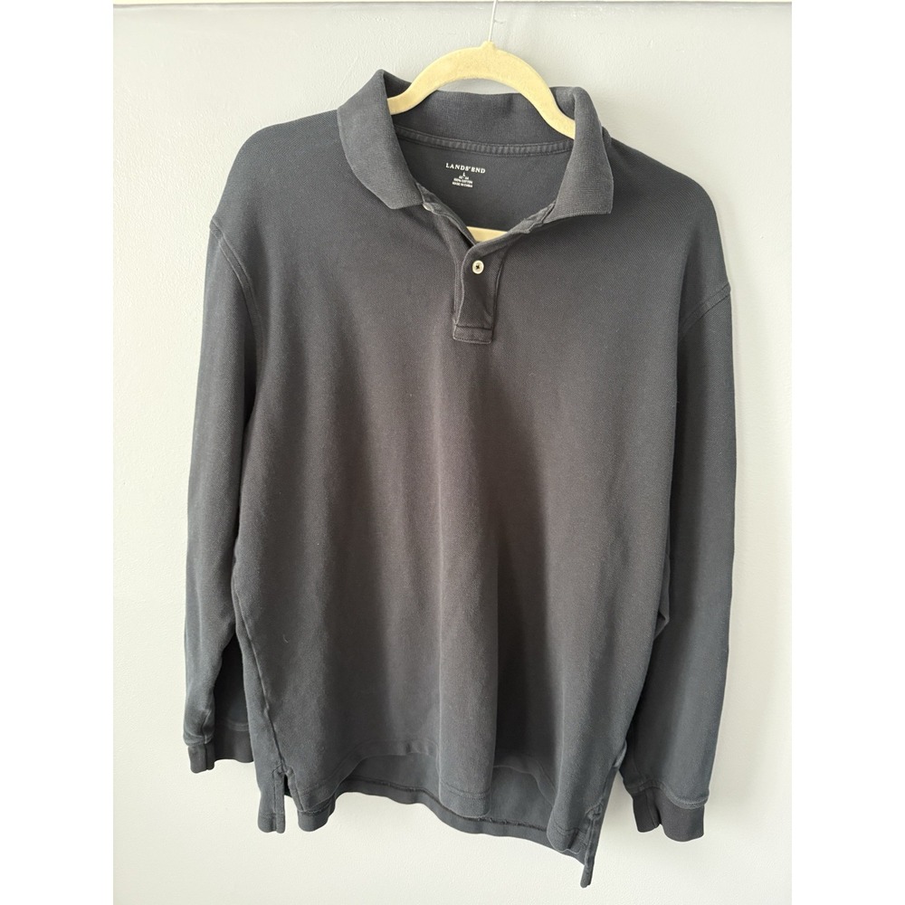 Lands' End‎ Black Long Sleeve Polo Shirt Mens Cotton Relaxed Fit Size Large L